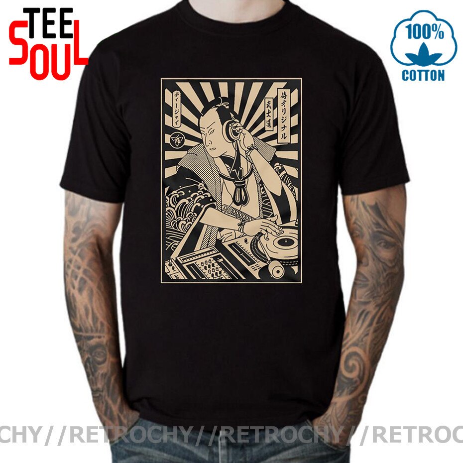 Retrochy Dj Samurai Funny Black T-shirt Men T Shir..